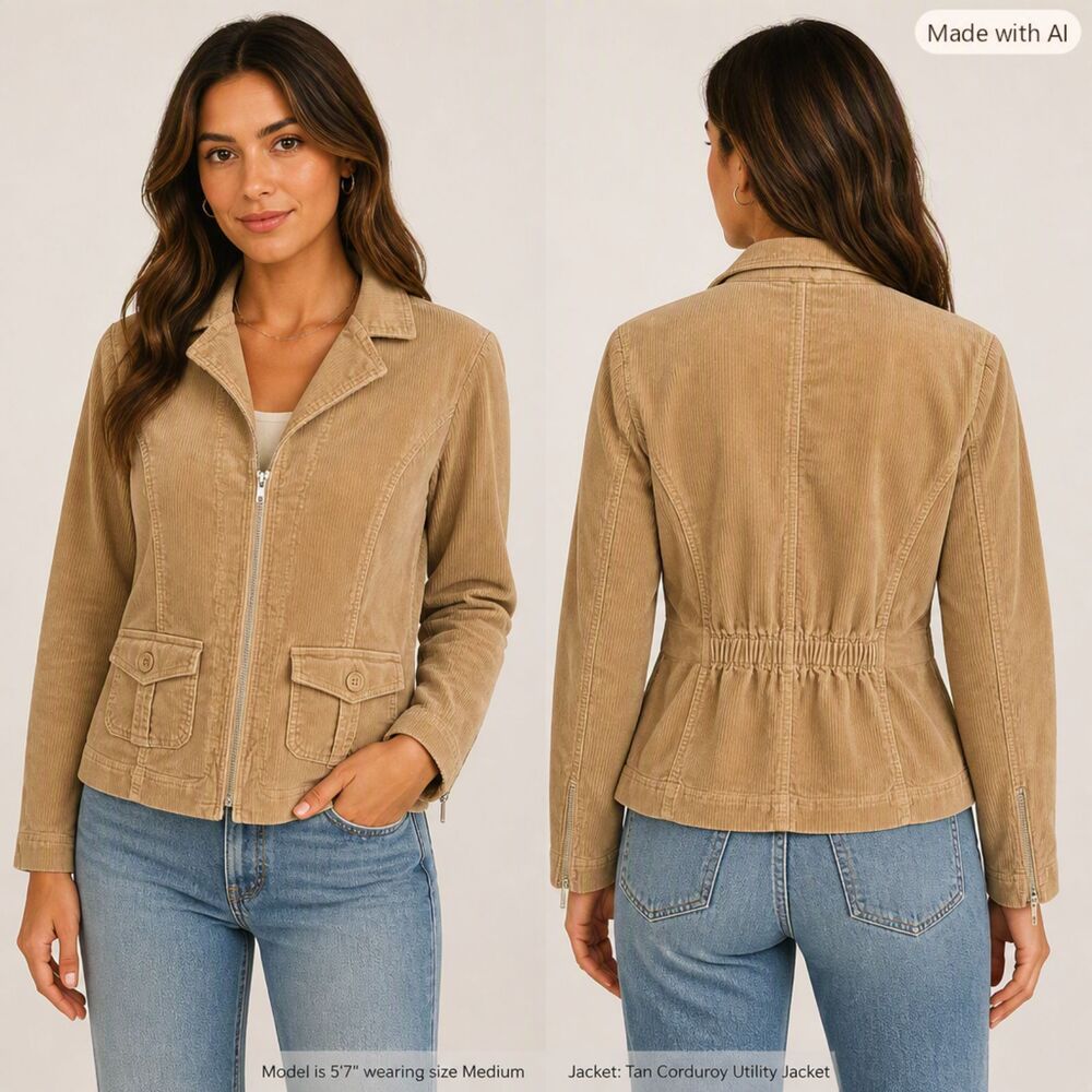 VTG Y2K Corduroy Utility Cargo Jacket Cinched Peplum Tan